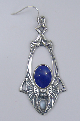 Sterling Silver Dramatic Art Deco Drop Dangle Earrings With Lapis Lazuli And Grey Moonstone